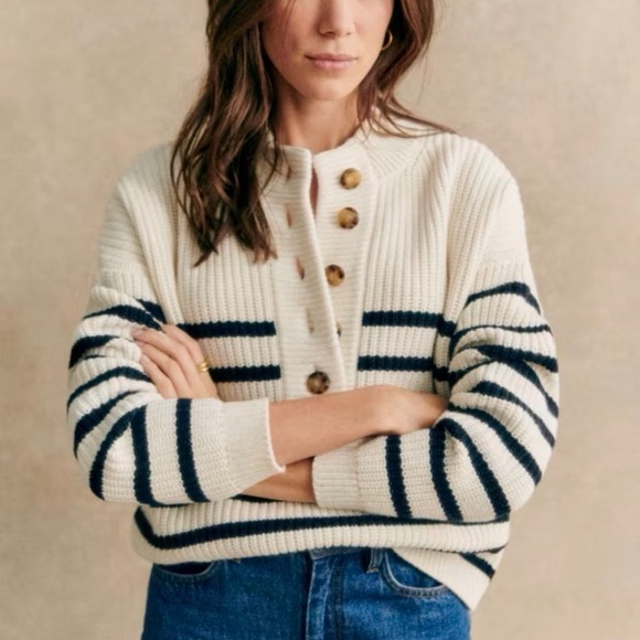 Sezane Sweaters - Sezane Cream Striped Button-Up Knit Sweater with Navy Bands
